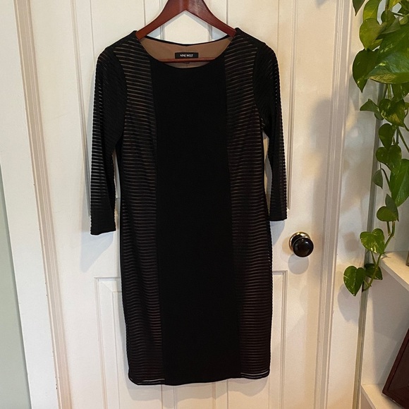 Nine West Mesh Black and Tan Striped Long Sleeve knee length Dress 3/4 length - Picture 1 of 10